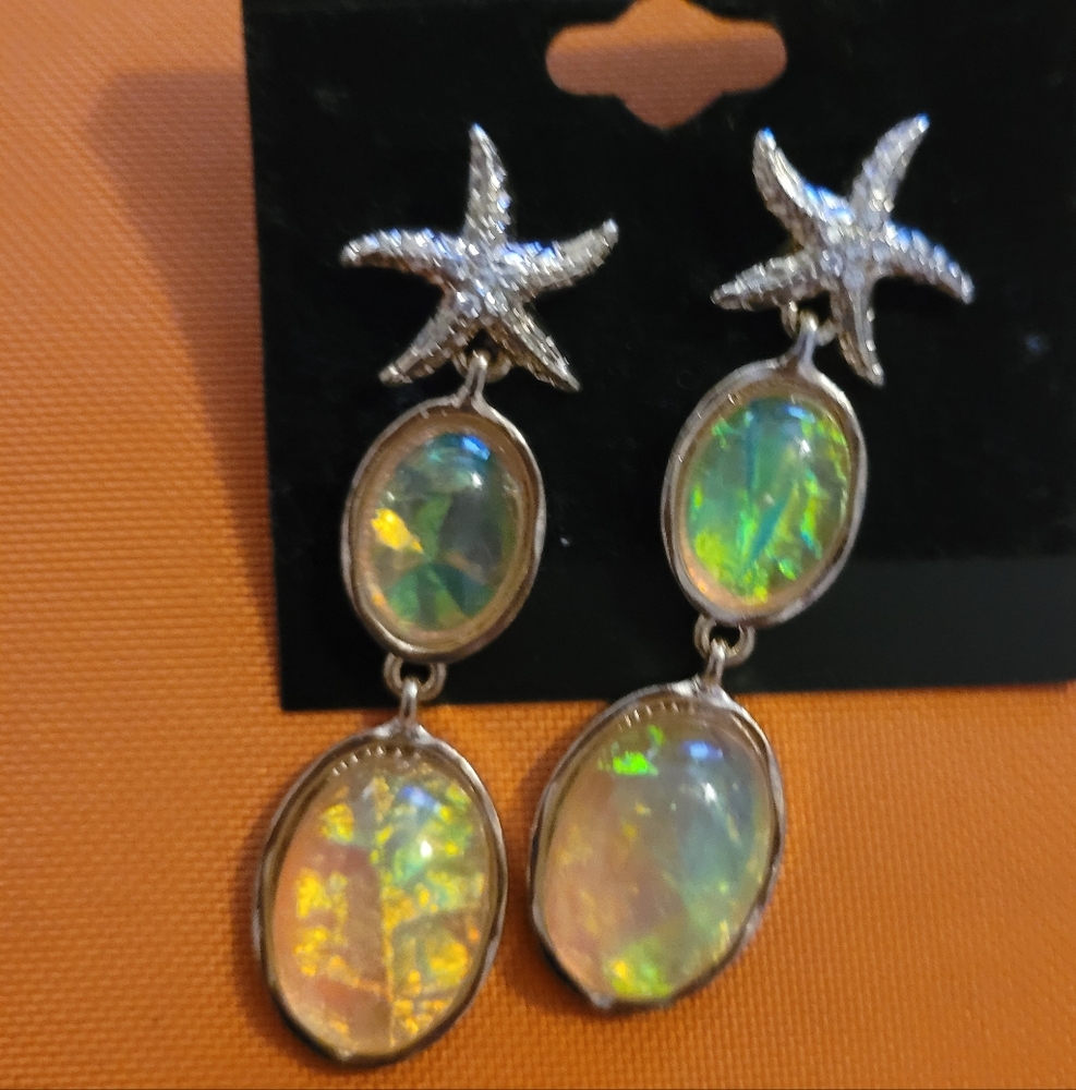 Gold Tone Long Starfish Opalescent Crystal Drops